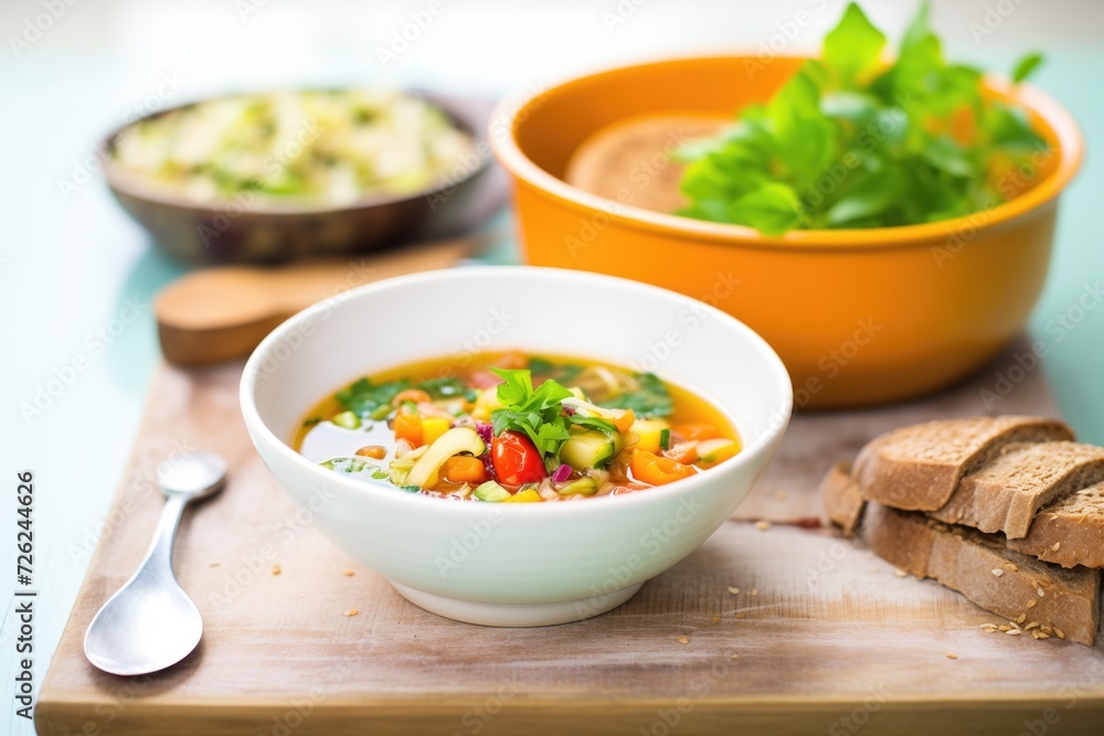 minestrone soup in a bowl with a side of crusty bread minestrone soup in a bowl with a side of crusty bread