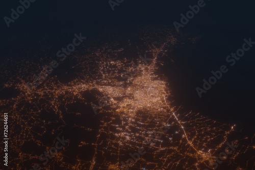 Aerial shot on Semarang (Indonesia) at night, view from east. Imitation of satellite view on modern city with street lights and glow effect. 3d render