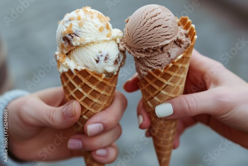 Close-up of two delicious ice creams served in a cone with a wafer cookie on its tip held by the hands of 2 friends 