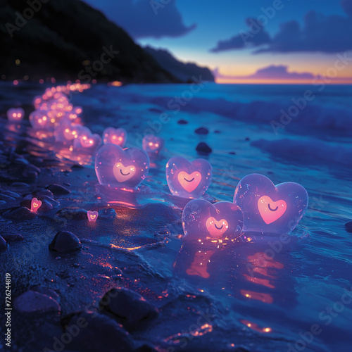 Small pink fluorescent translucent hearts with cute smiles and kind eyes jump out of the water and float in the air.