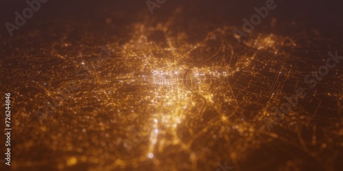 Street lights map of Zagreb (Croatia) with tilt-shift effect, view from west. Imitation of macro shot with blurred background. 3d render, selective focus