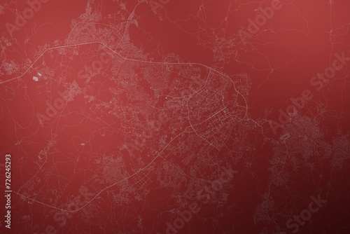 Map of the streets of Abuja (Nigeria) made with white lines on abstract red background lit by two lights. Top view. 3d render, illustration photo