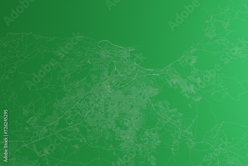 Map of the streets of Tangier (Morocco) made with white lines on green paper. Rough background. 3d render, illustration