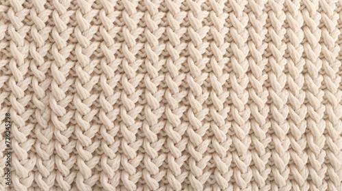 The texture of the knitted fabric. Yarn of warm tones, beige color. Close-up of the rows and patterns of the knitted product.