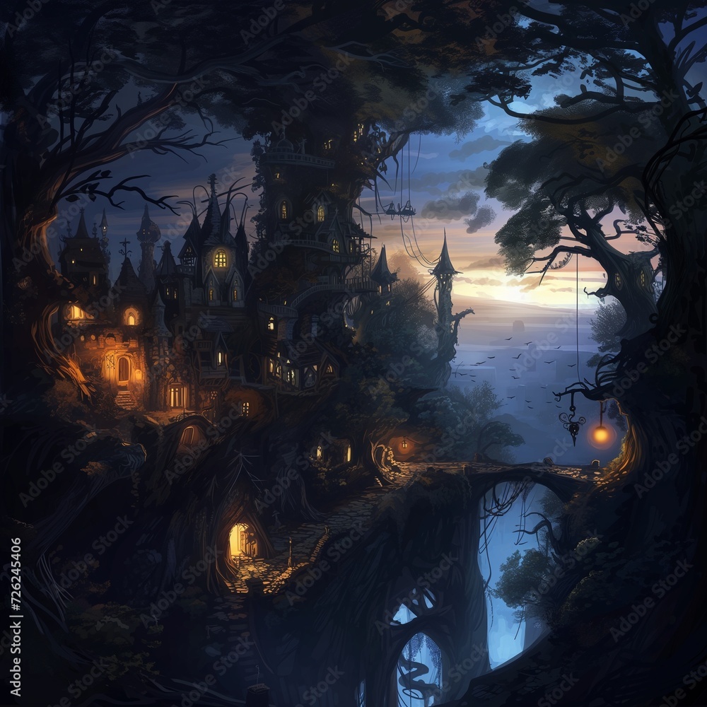 old castle in the night  in a forest