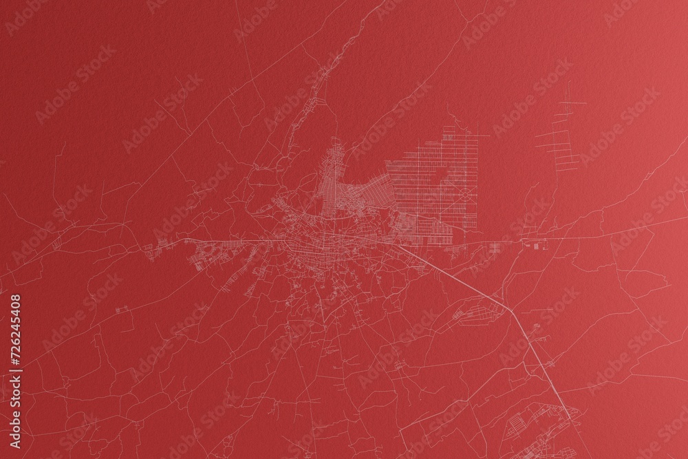 Map of the streets of Kandahar (Afghanistan) made with white lines on red paper. Top view, rough background. 3d render, illustration