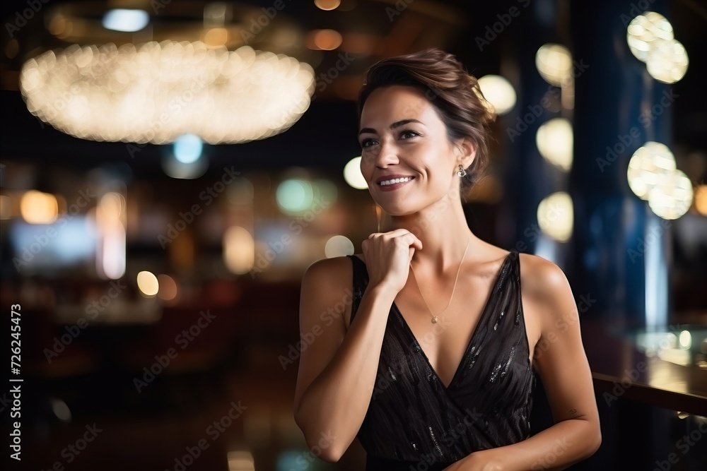 Portrait of beautiful young happy smiling woman in black evening dress, indoor