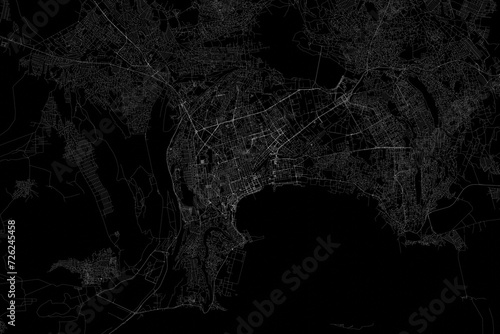 Stylized map of the streets of Baku (Azerbaijan) made with white lines on black background. Top view. 3d render, illustration