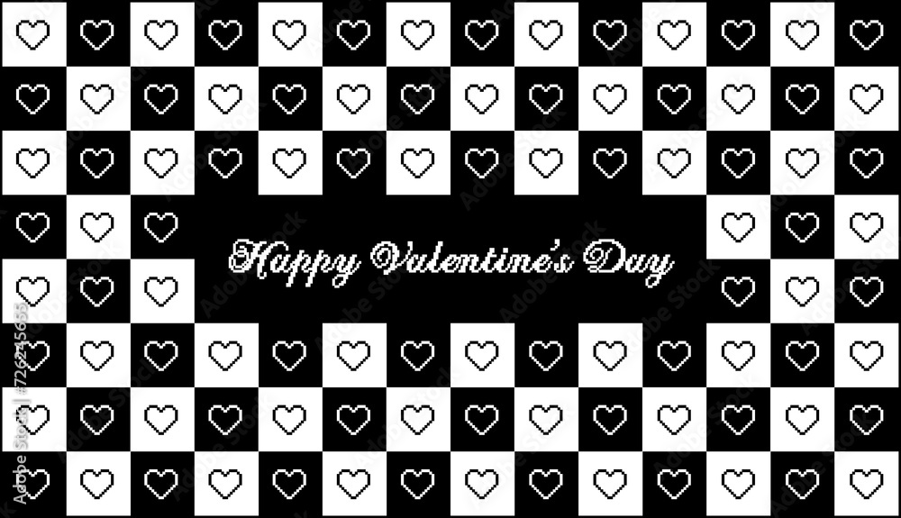 Valentines day checkered pattern background with pixel art hearts and cursive type typography of Happy Valentines Day text. Outline, Vector illustration, in black and white, red, hot pink, pastel Valentines day checkered pattern background with pixel art hearts and cursive type typography of Happy Valentines Day text. Outline, Vector illustration, in black and white, red, hot pink, pastel