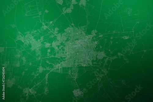 Map of the streets of Isfahan (Iran) made with white lines on abstract green background lit by two lights. Top view. 3d render, illustration photo