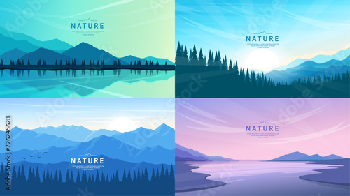 Set of vector landscapes. Evening twilight on the lake, high mountain ranges and forest, sunrise in the mountains, a river with gentle banks. Concept of tourism, research, nature observation, hiking.
