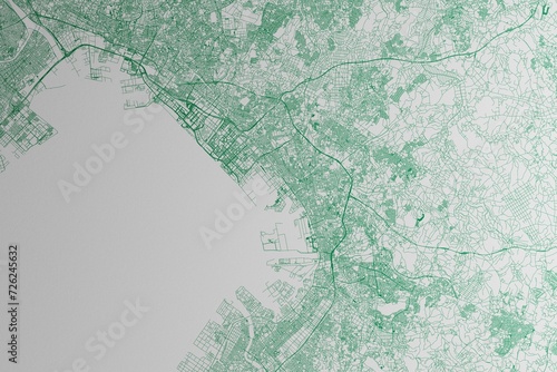 Map of the streets of Chiba  Japan  made with green lines on white paper. 3d render  illustration