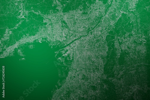Map of the streets of Osaka (Japan) made with white lines on abstract green background lit by two lights. Top view. 3d render, illustration photo