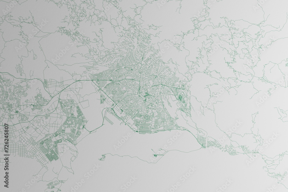 Map of the streets of Kingston (Jamaica) made with green lines on white paper. 3d render, illustration