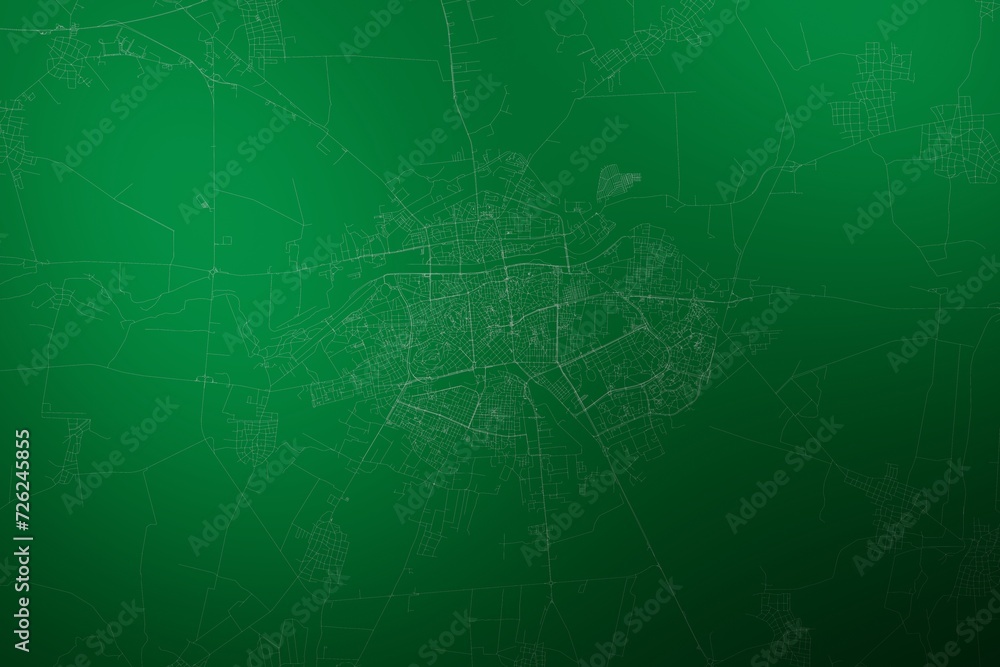 Map of the streets of Plovdiv (Bulgaria) made with white lines on abstract green background lit by two lights. Top view. 3d render, illustration