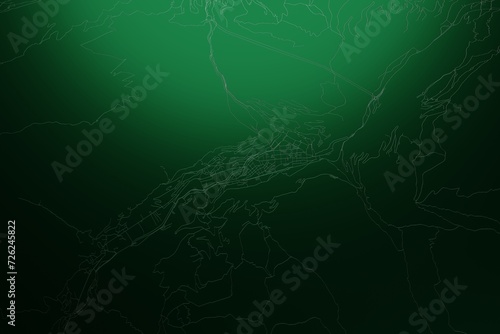 Street map of Andorra la Vella (Andorra) engraved on green metal background. Light is coming from top. 3d render, illustration