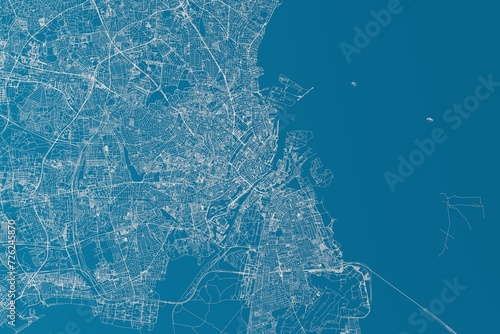 Map of the streets of Copenhagen (Denmark) made with white lines on blue background. 3d render, illustration