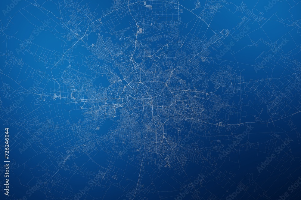 Stylized map of the streets of Bucharest (Romania) made with white lines on abstract blue background lit by two lights. Top view. 3d render, illustration - obrazy, fototapety, plakaty 