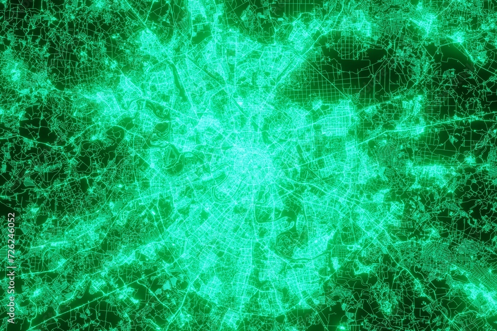 Map of the streets of Moscow (Russia) made with green illumination and glow effect. Top view on roads network. 3d render, illustration Map of the streets of Moscow (Russia) made with green illumination and glow effect. Top view on roads network. 3d render, illustration
