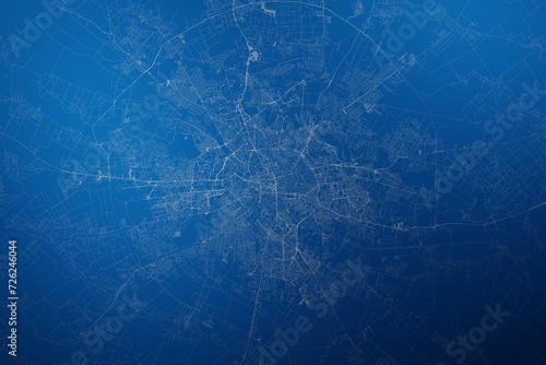 Stylized map of the streets of Bucharest (Romania) made with white lines on abstract blue background lit by two lights. Top view. 3d render, illustration