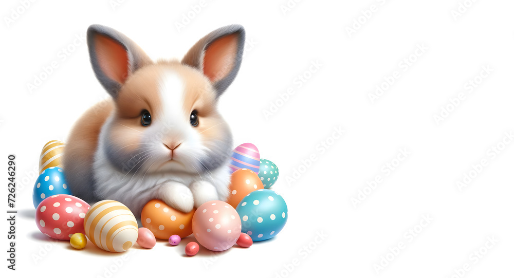 Cute bunny surrounded by colorful Easter eggs on a white background, minimal Easter decoration concept with a copy space Cute bunny surrounded by colorful Easter eggs on a white background, minimal Easter decoration concept with a copy space