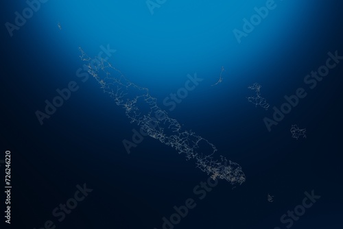 Street map of New Caledonia engraved on blue metal background. View with light coming from top. 3d render, illustration