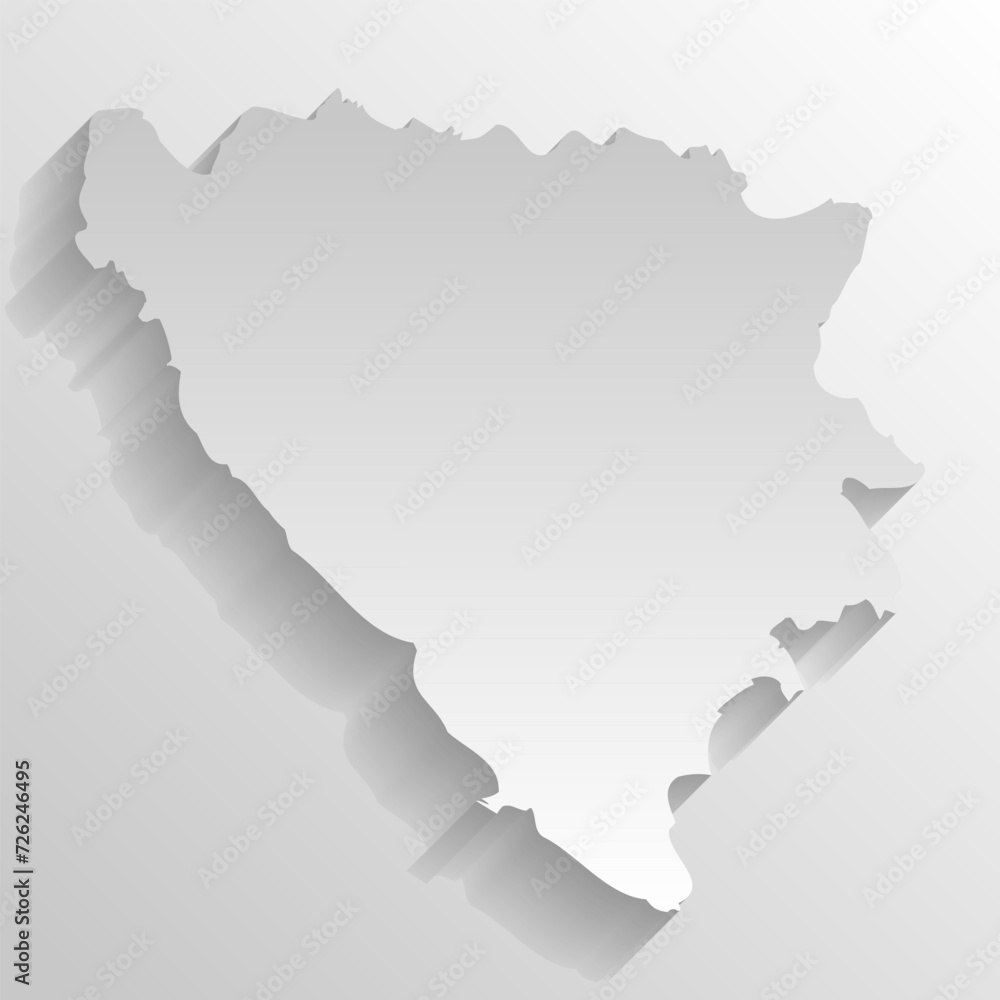 Bosnia and Herzegovina country silhouette. High detailed map. White country silhouette with dropped long shadow on beige background.