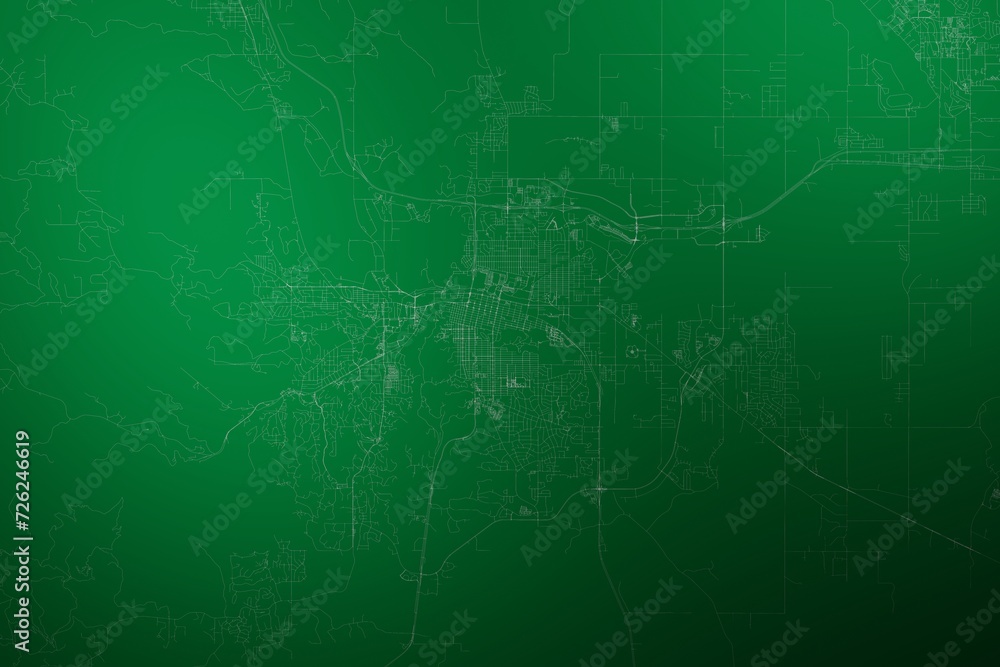 Map of the streets of Rapid City (South Dakota, USA) made with white lines on abstract green background lit by two lights. Top view. 3d render, illustration