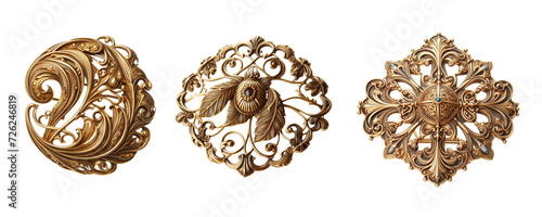 3 Old fashioned brooch made of gold with intricate design isolate on transparent background