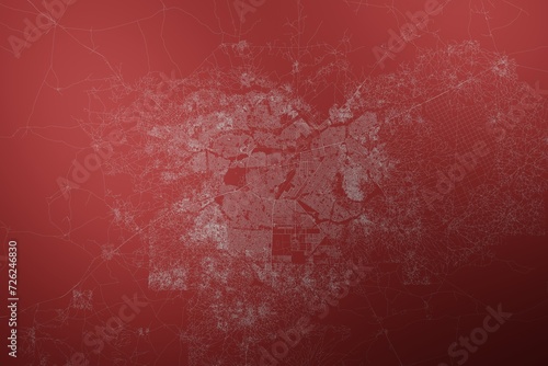 Map of the streets of Ouagadougou (Burkina Faso) made with white lines on abstract red background lit by two lights. Top view. 3d render, illustration