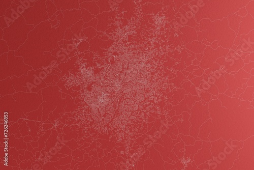 Map of the streets of Yaounde (Cameroon) made with white lines on red paper. Top view, rough background. 3d render, illustration