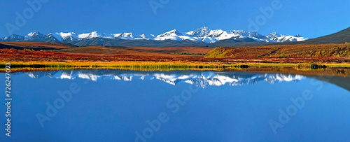 Spectacular Dempster Highway Mountain Scenery with reflection in water, Yukon, Canada.
