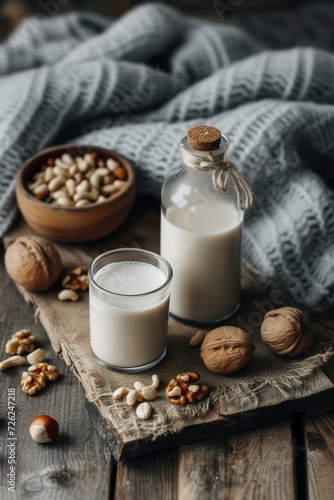 Nut vegan milk in a bottle and in a mug on the wooden table. Vertical photo with nut milk and nuts in the background.