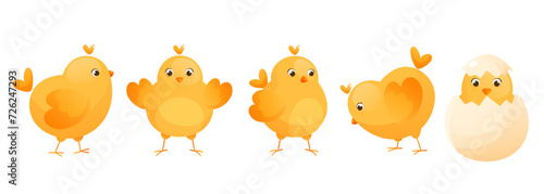 Cute yellow chickens in different poses for Easter design.