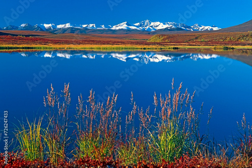 Beautiful fall Landscape with Mountains reflecting in water, Dempster Highway, Yukon Canada,