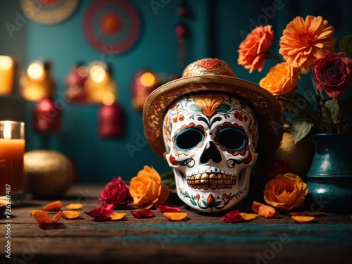 dia de muertos skull decorated with flowers. Generative AI