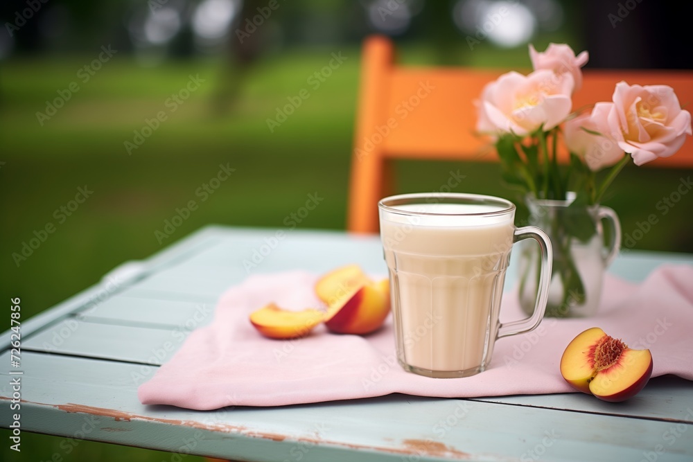a latte cup adjacent to a cluster of peach roses on a picnic table a latte cup adjacent to a cluster of peach roses on a picnic table