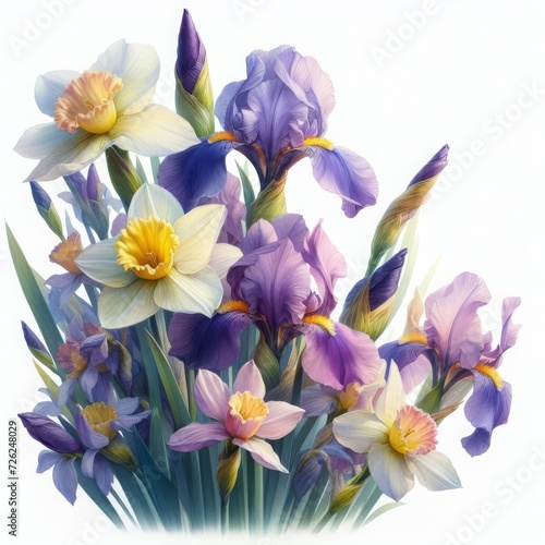 Elegant bouquet of irises and daffodils in watercolor on a white background. Spring Festival. 