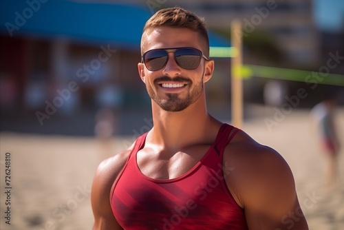 Portrait of a handsome young man in red swimsuit and sunglasses on the beach