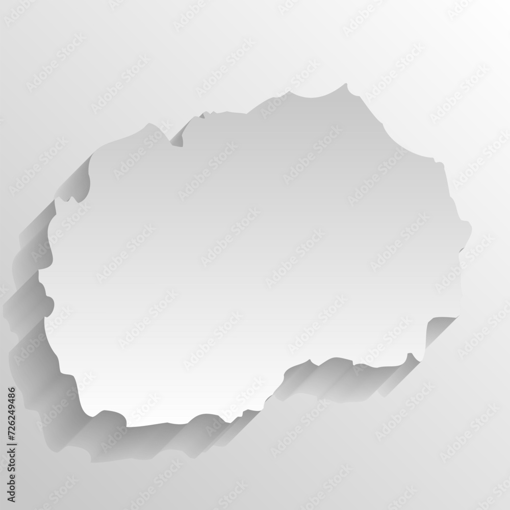 North Macedonia country silhouette. High detailed map. White country silhouette with dropped long shadow on beige background.