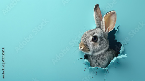 A gray Easter bunny peeks out from a broken blue wall with copy space for text. Festive background for Easter.