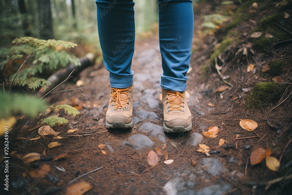 feet in hiking boots on a forest trail feet in hiking boots on a forest trail
