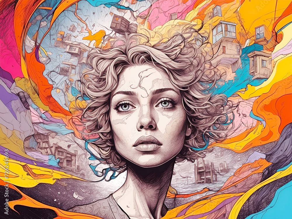 A comic-style illustration of a female face with fragmented shapes and buildings all around symbolising a distressed mind, Mental Health concept, AI Generative