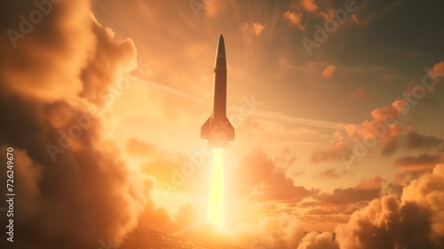 a state-of-the-art war rocket soaring through the clouds, captured from below as it pierces the atmosphere