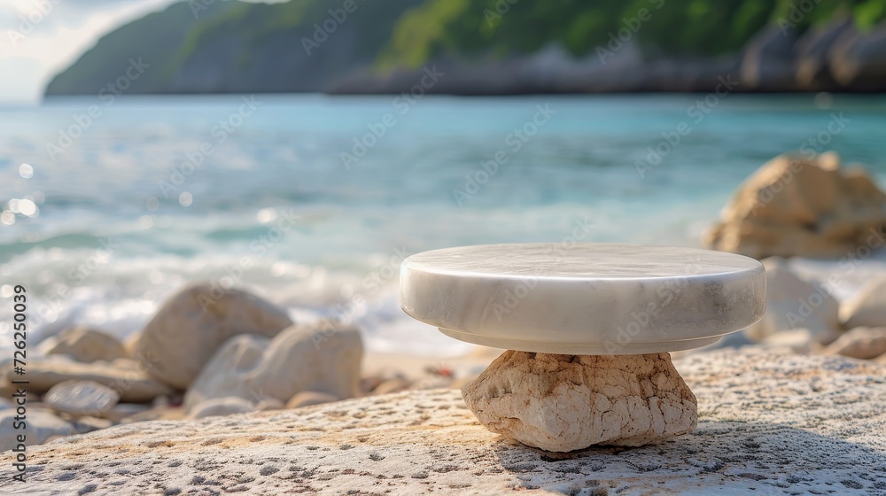 Marble display stand on beach, tropical sea in soft focus
