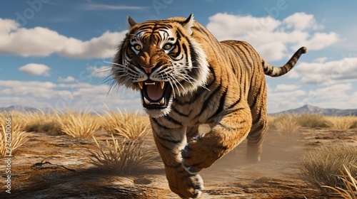 Bengal Tiger Running Across the Vast Plains