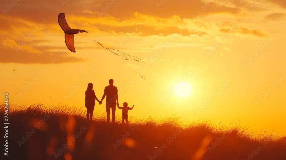 Memorable family sunset with kite, parents and daughter