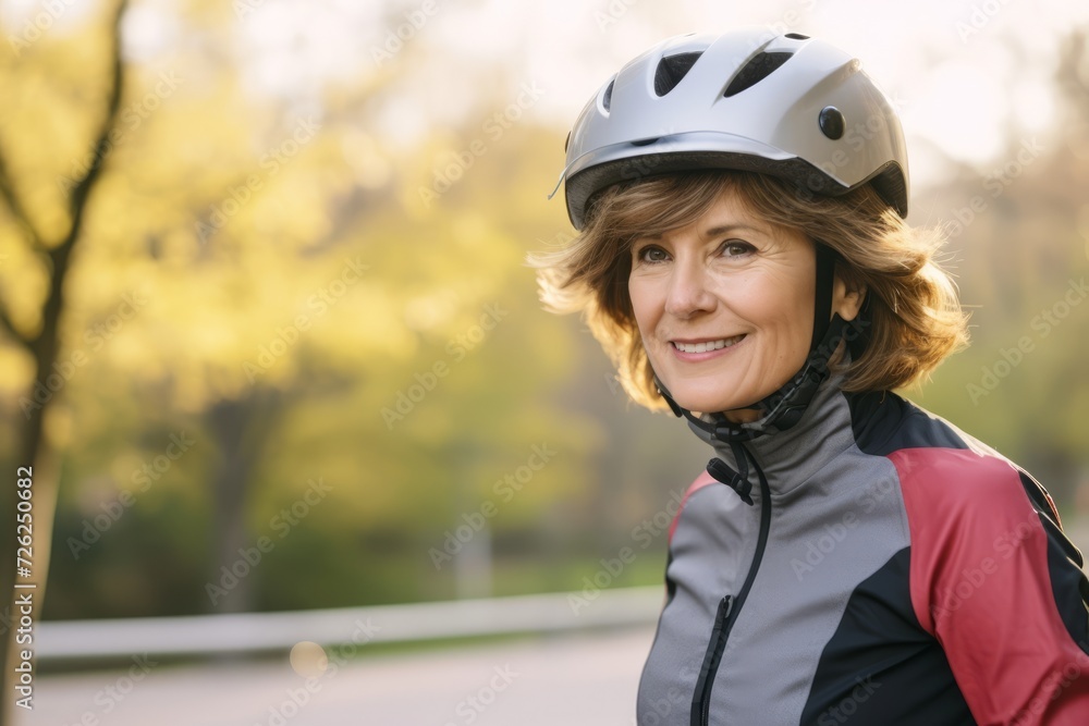 Portrait of a smiling senior woman wearing bicycle helmet in park.