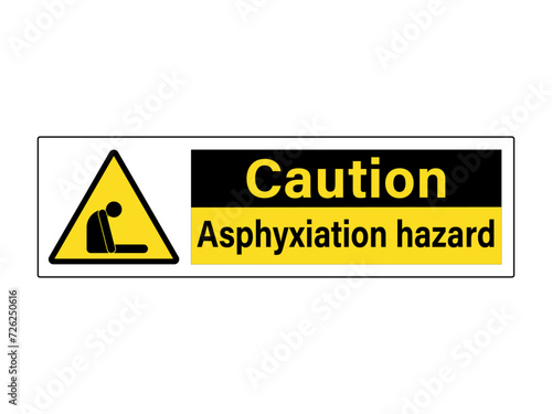 Caution, asphyxiation hazard. Warning sign with yellow triangle, symbol and text on the right. Horizontal strip.