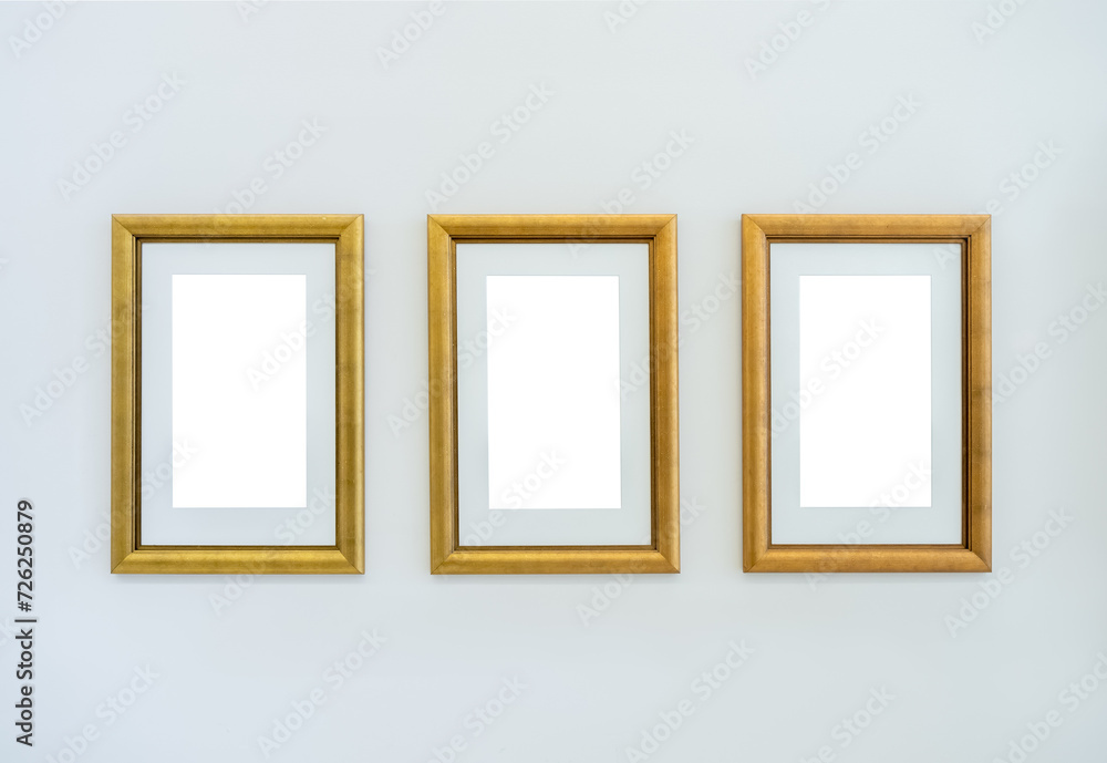 Mockup vertical white blank spaces on three luxury golden art frames with mounted hanging on white clean wall background in the museum or art gallery. Mockup vertical white blank spaces on three luxury golden art frames with mounted hanging on white clean wall background in the museum or art gallery.